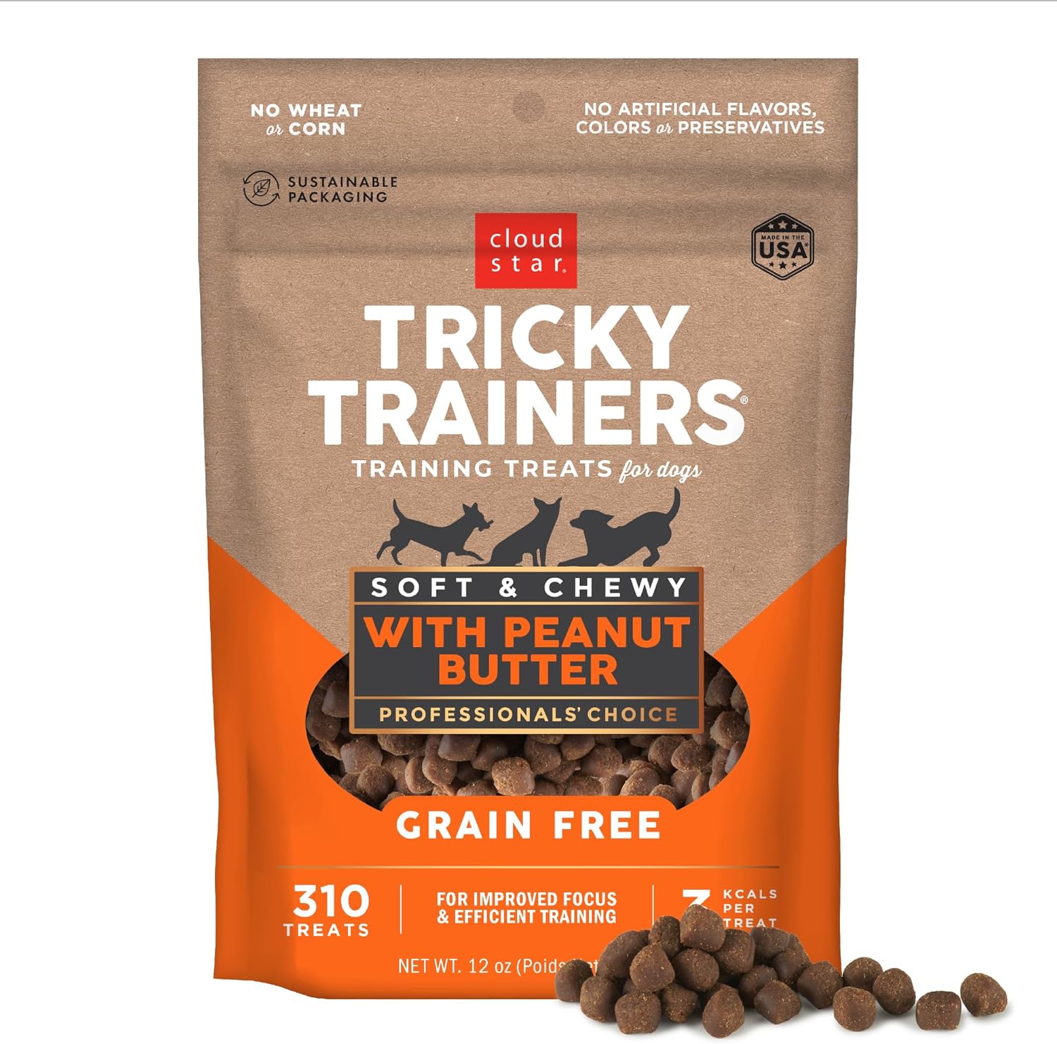 Cloud Star Tricky Trainers Soft & Chewy Dog Training Treats 12 Oz Pouch, Peanut Butter Flavor, Grain-Free Low Calorie Behavior Aid With 310 Treats