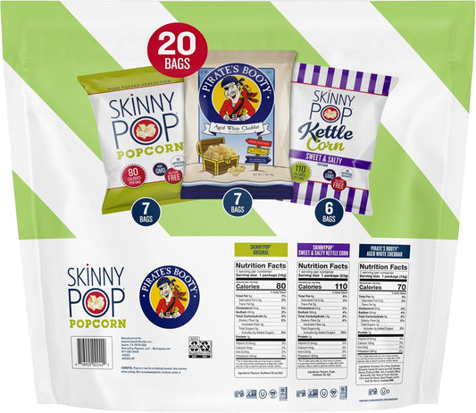 Skinnypop Family Snackpack Original, Pirate'S Booty And Skinnypop Kettle, Gluten Free, Non-Gmo, Vegan Popcorn, Healthy Snacks, 0.5Oz Indivudlaly Sized Bags, (20 Count)