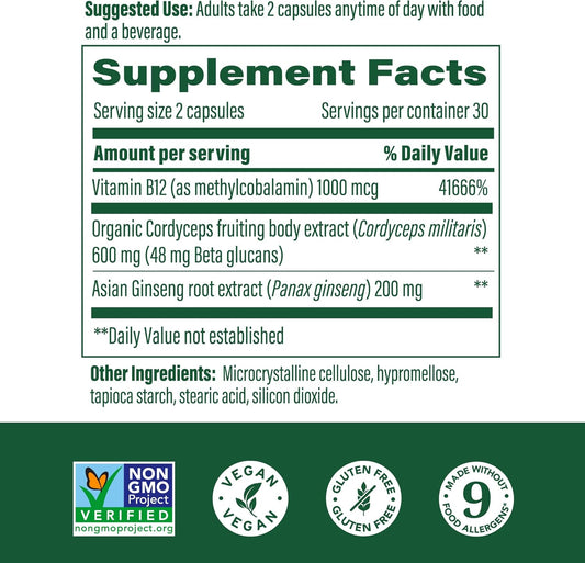 MegaFood Superfood Mushroom Energy Support - Cordyceps Mushroom Supplement with Methylated B12 Vitamins & Panax Ginseng - Doctor Formulated, Gluten-Free, Vegan - 60 Capsules, 30 Servings