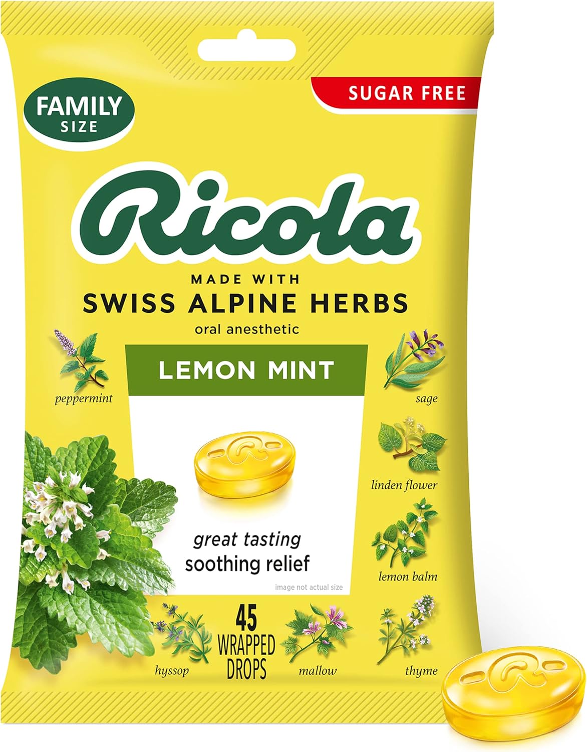 Ricola Big Bag Sugar Free Cough Drops Drops 2245, Lemon, Lemon Mint, 45 Count, Pack of 1(Packaging Mat Vary)