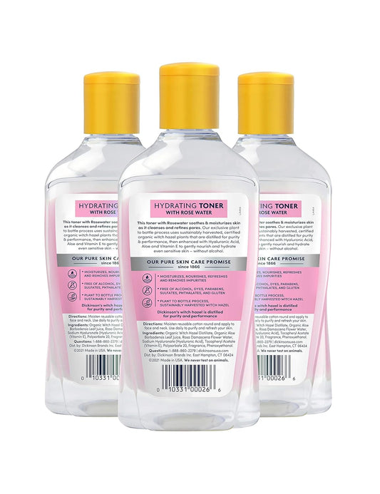 Dickinson'S Enhanced Witch Hazel Hydrating Toner With Rosewater, Alcohol Free, 3 Count