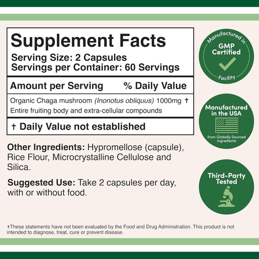 Chaga Mushrooms Capsules 120 Count (1,000Mg Chaga Mushrooms Powder Per Serving) High In Polysaccharides, Beta Glucans, And Terpenoids - Grown And Made In The Usa, Vegan Safe, Organic By Double Wood