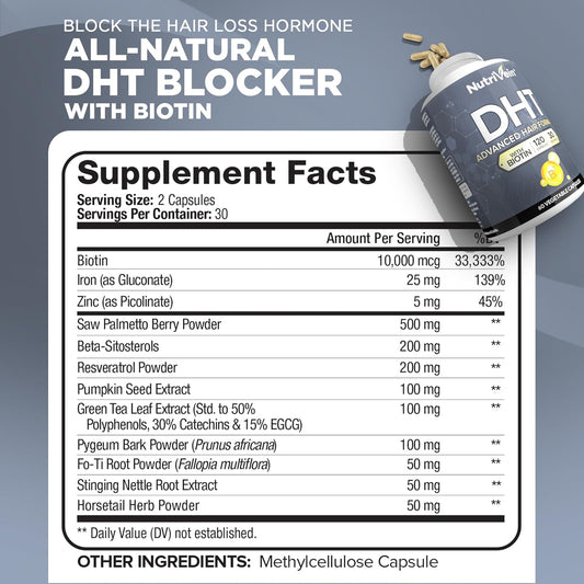 Nutrivein Dht Blocker With Biotin - Boosts Hair Growth & New Follicle Growth For Men And Women - 30 Day Supply (60 Capsules, Two Daily)