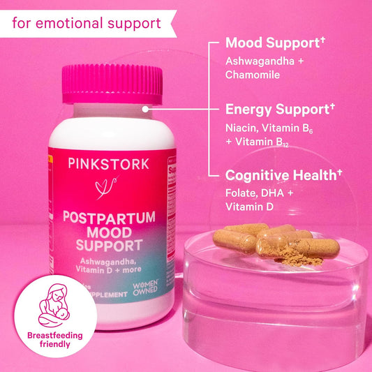 Pink Stork Postpartum Mood Support - Postnatal Hormone Balance For Women - Breastfeeding Friendly - Stress & Cognitive Support, New Mom Essentials - Ashwagandha, Chamomile, & Vitamin D, 60 Capsules