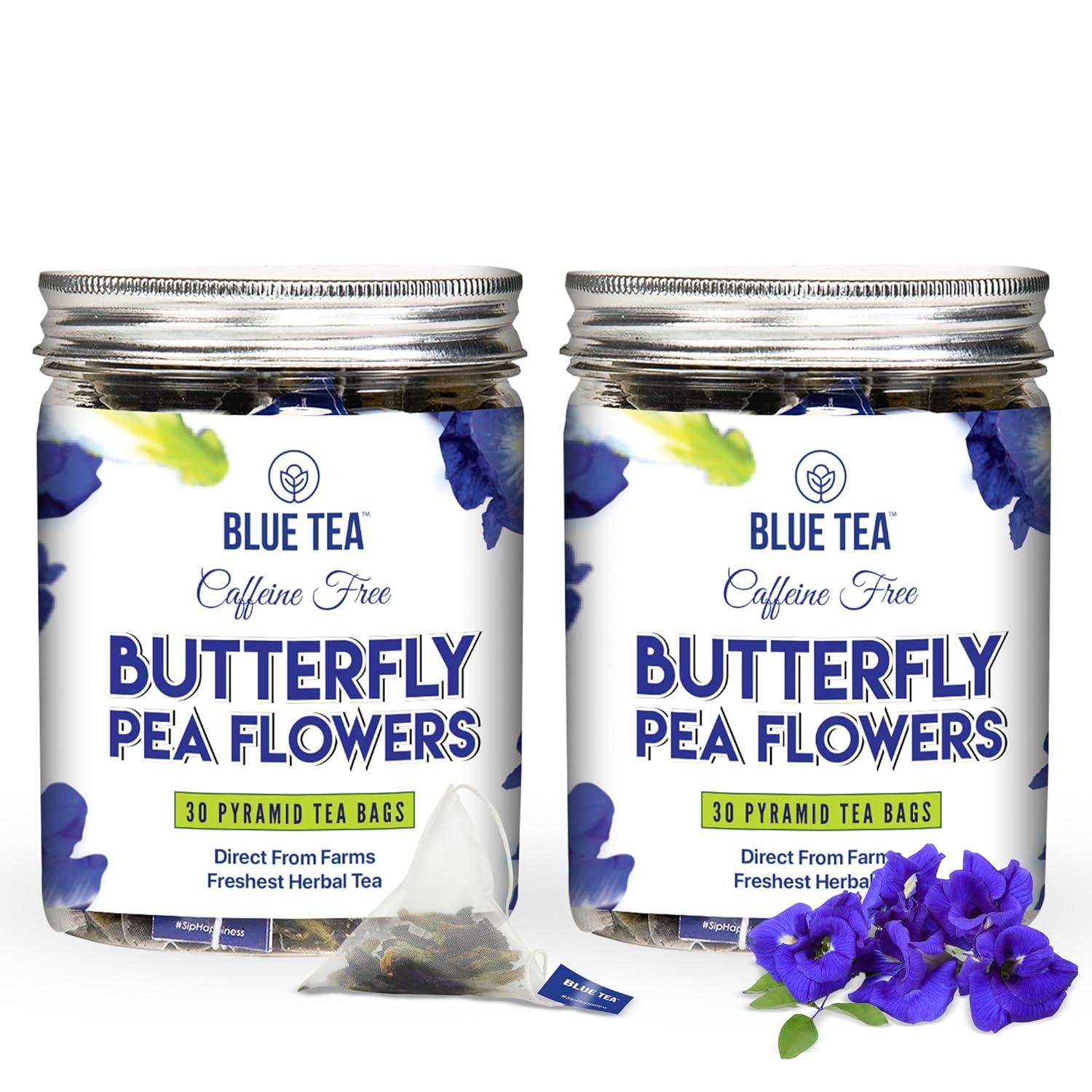 Blue Tea - Butterfly Pea Flower Tea - 60 Count - Plant Based Tea Bags | Anti-Oxidant Powerhouse | Caffeine Free - Flower Based - Herbal Tea - Detox Tea - Gluten Free - Non-Gmo | Pet Jar Packaging