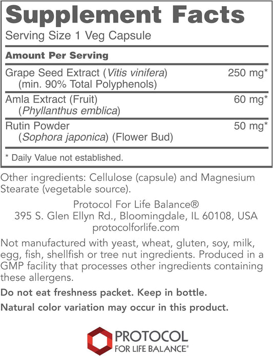 Protocol Grape Seed Opc 250Mg - Oxidative Stress Quencher, Cardiovascular Support - 90 Veg Caps