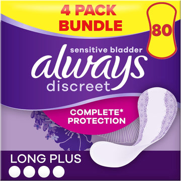 Always Discreet Incontinence Panty Liners For Women, Long Plus, 80 High Absorbency Liners, (20 x 4 Packs) SAVING PACK, Complete Protection, for Bladder Leak, Thin And Discreet, Odour Neutraliser