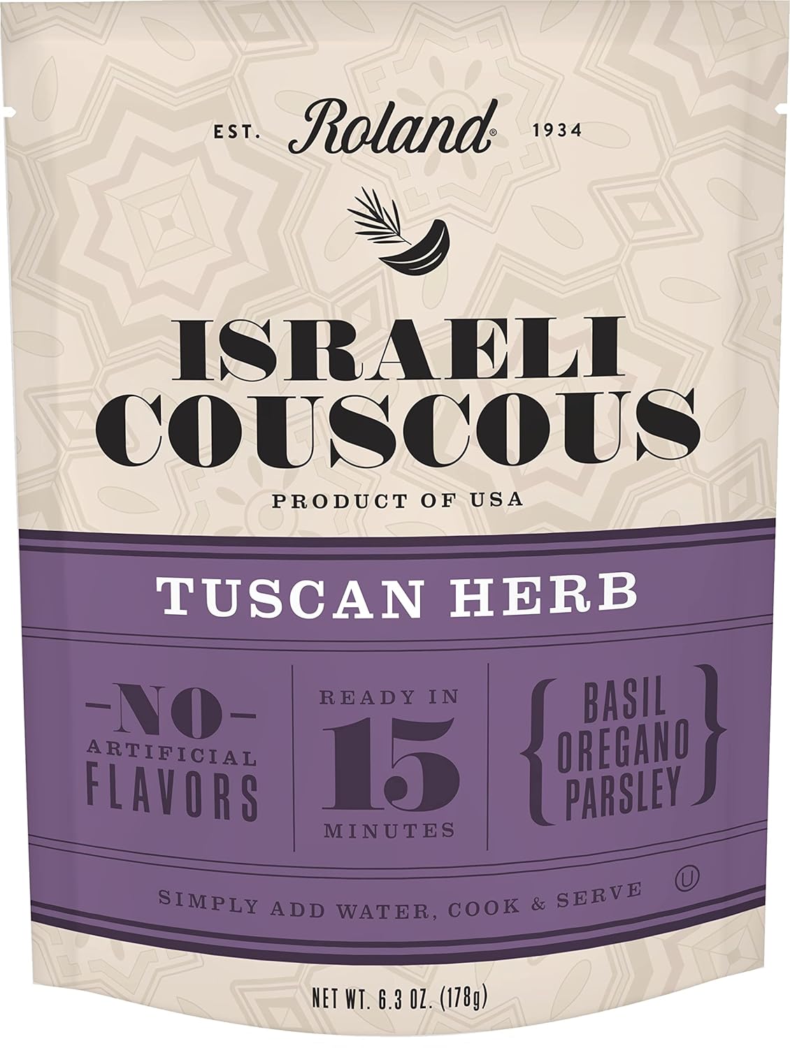 Roland Foods Tuscan Herb Israeli Couscous, Sourced in the USA, 6.3-Ounce Pouch