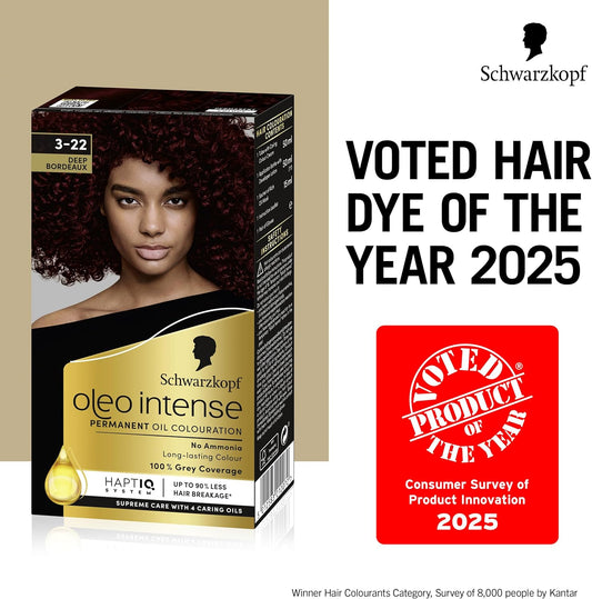 Schwarzkopf Oleo Intense Permanent Oil Colour 3-22 Deep Bordeaux Hair Dye, 100% Grey Coverage, Conditioner With Haptiq System, Long-Lasting Colour, Ammonia Free Hair Dye