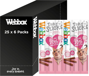 Webbox Tasty Sticks Cat Treats, Salmon and Trout - Kitten Friendly, Wheat and Grain Free, No Artificial Colours (25 x 6 Packs)?5012144410404