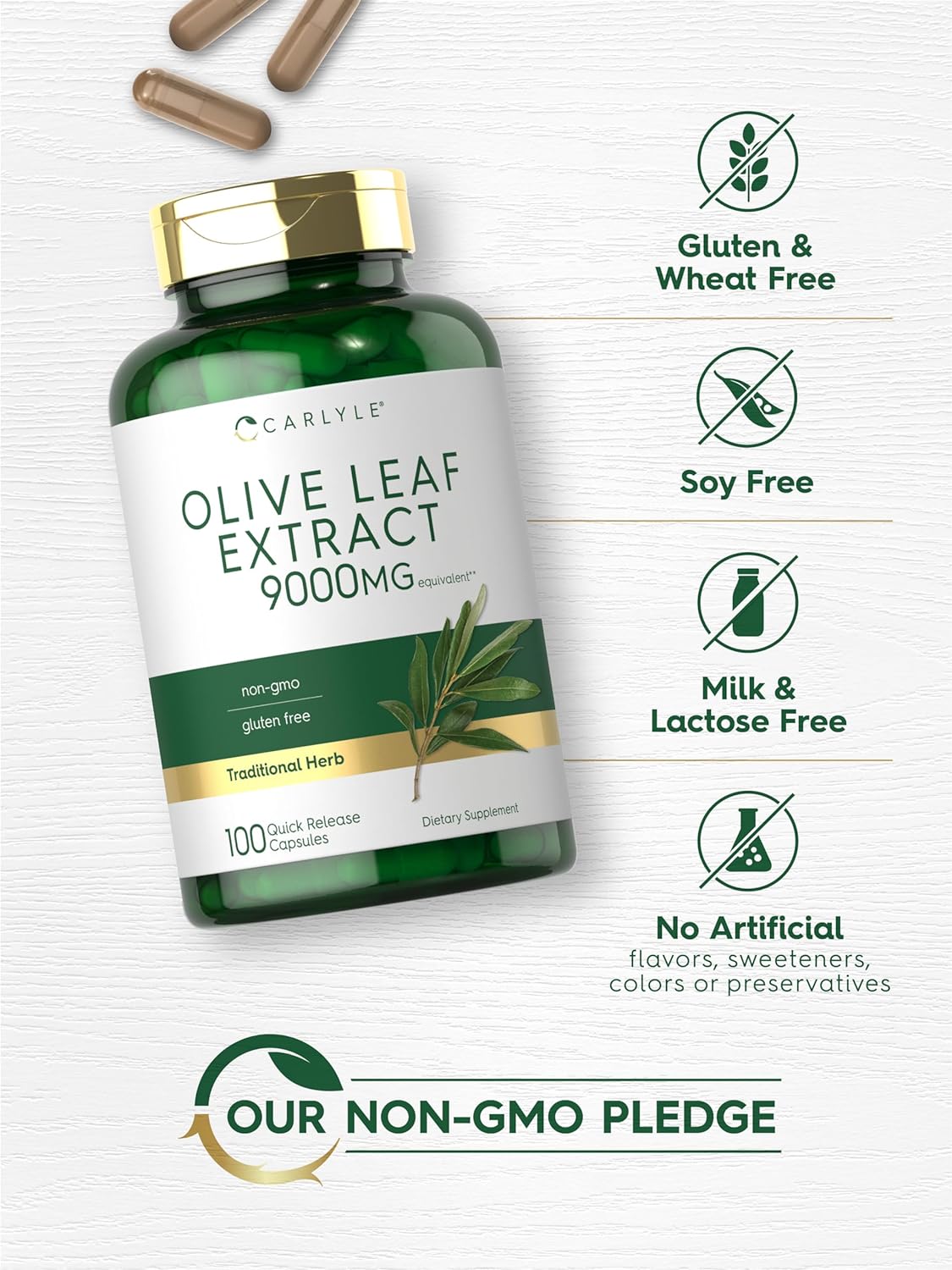 Carlyle Olive Leaf Extract Capsules | 9000mg | 100 Count | Non-GMO, Gluten Free | High Potency Supplement : Health & Household