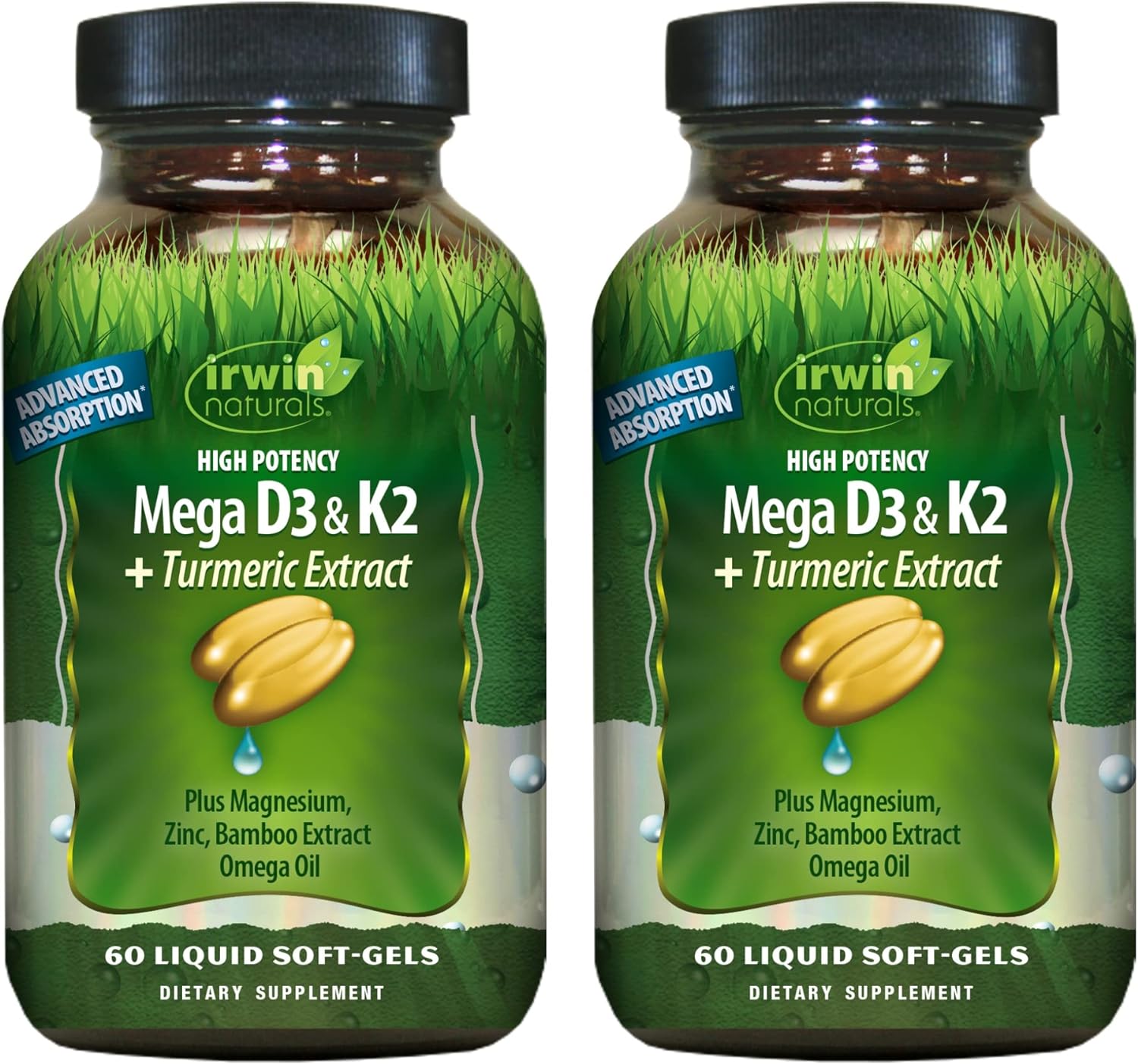 Irwin Naturals High Potency Mega D3 & K2 + Turmeric Extract For Healthy Bones, Immune Function & Positive Mood - Advanced Absorption With Magnesium, Turmeric, Bamboo & Omega Oil - 60 Liquid Softgels
