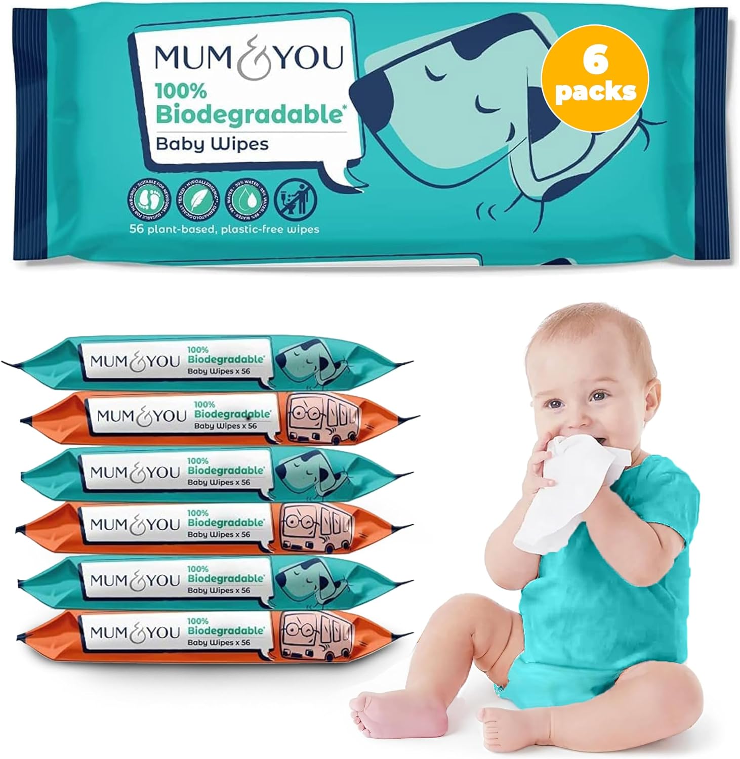 Mum & You Baby Wipes Multipack - 336 Biodegradable Wet Wipes (6 Packs) | 99.4% Water Wipes For Sensitive Newborn Skin | Baby Wipes Bulk, Bum Wipes, Wet Tissue, Eco-Friendly Wet Wipes Baby