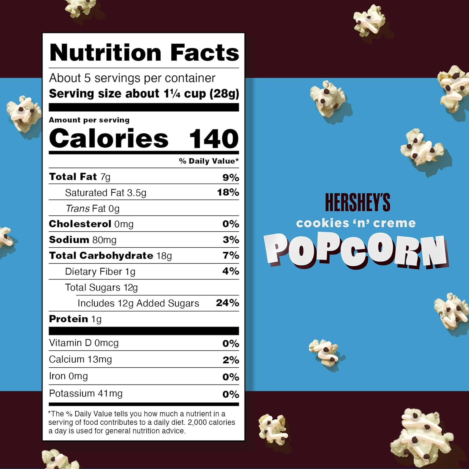 Hershey's Cookies N Crème, 5.25oz Grocery Sized Bag, Popcorn drizzled in white creme and cookie bits, Ready to Eat, Savory Snack, Sweet and Salty Snacks