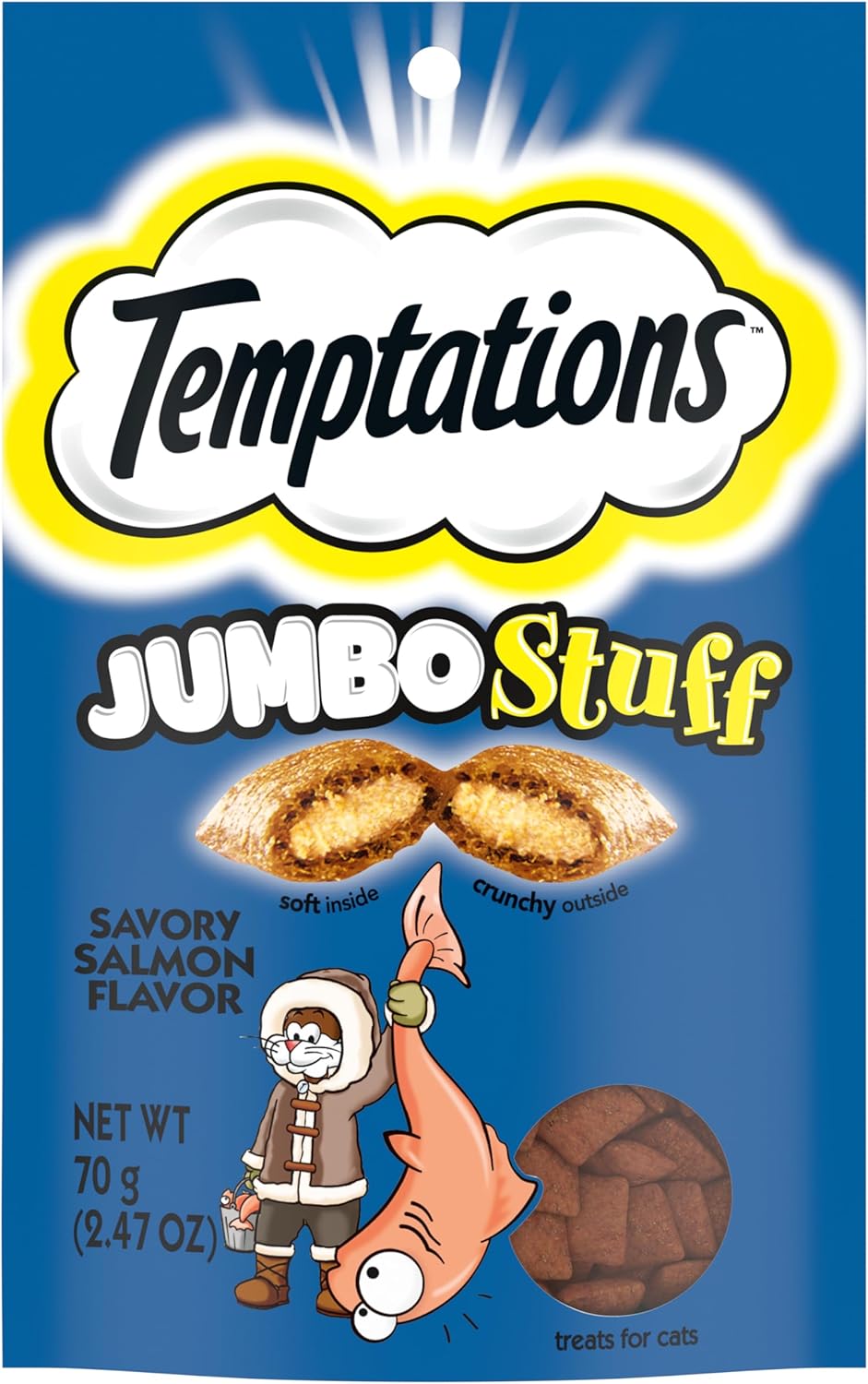 Temptations Jumbo Stuff Crunchy And Soft Cat Treats Savory Salmon Flavor, 2.5 Oz. Pouch (Pack Of 12)