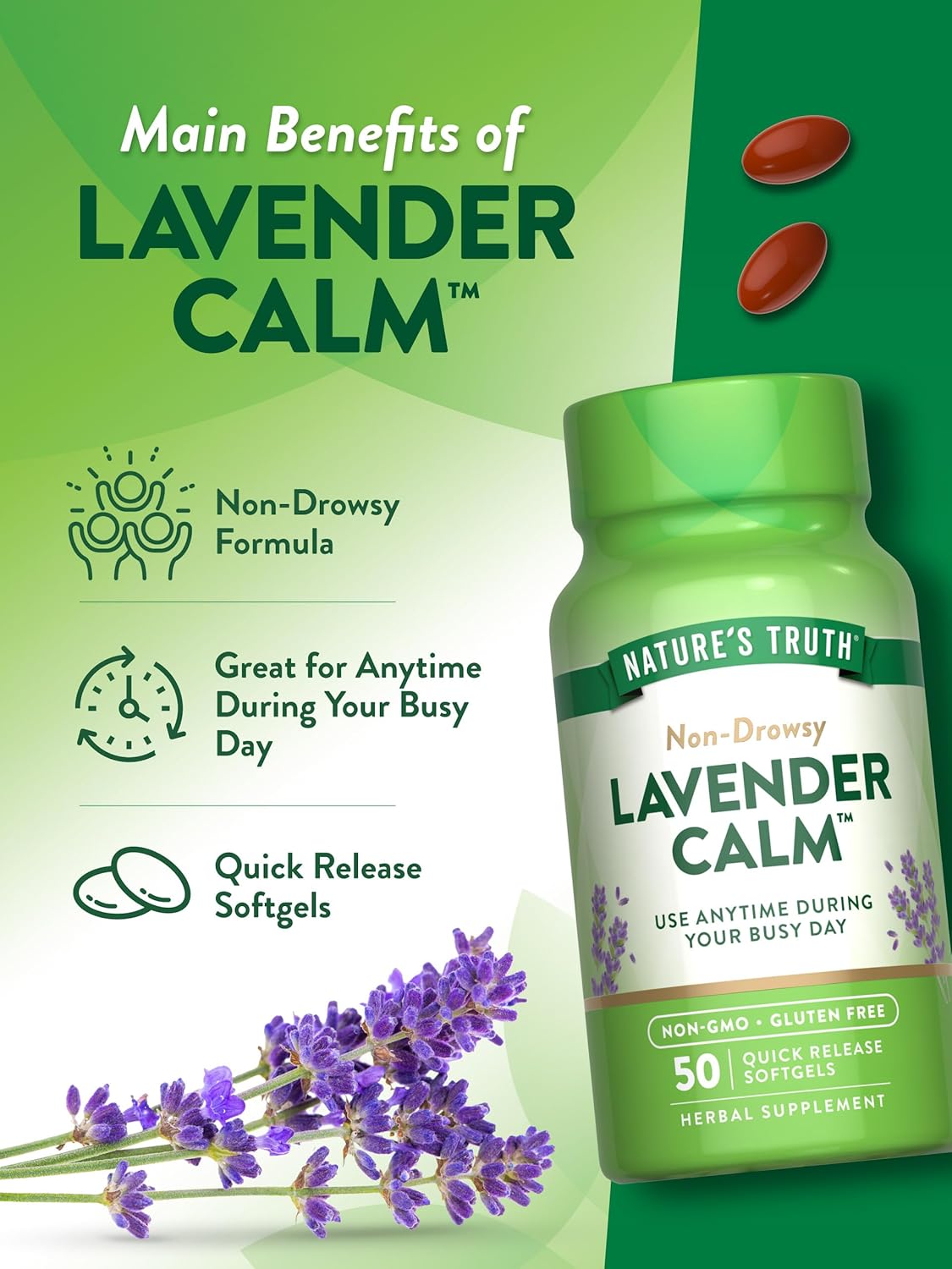 Nature's Truth Lavender Calm Supplement | 50 Softgels | Non-Drowsy Herbal | Non-GMO & Gluten Free Supplement : Health & Household