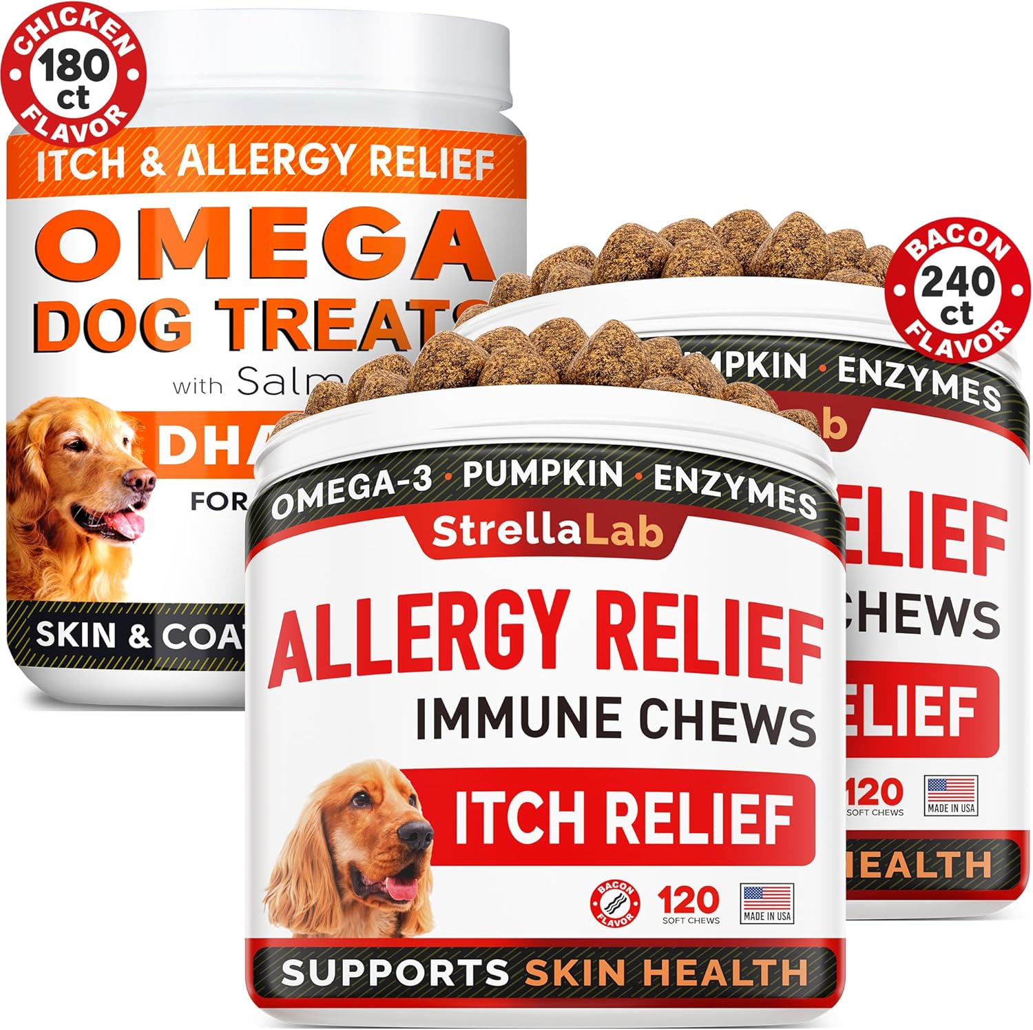 Omega 3 + Allergy Relief Dogs Bundle - Allergy & Itch Relief Skin&Coat Supplement + Itchy Skin Treatment - Omega 3 & Pumpkin - Hot Spots Treatment + Itching & Licking Treats - 420 Chews - Made In Usa