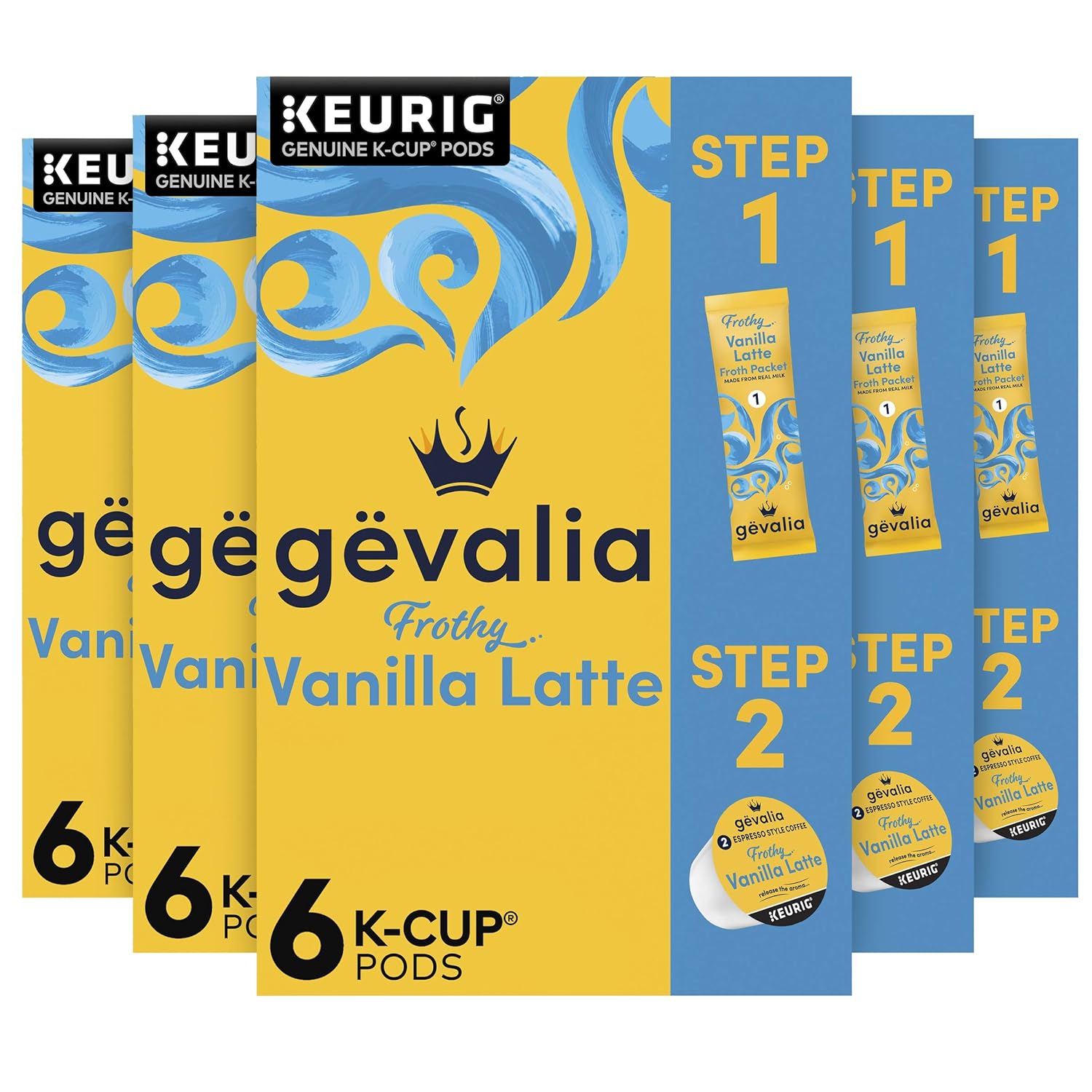 Gevalia Frothy 2-Step Vanilla Latte Espresso K-Cup Coffee Pods & Froth Packets Kit, 6 Count (Pack of 6)