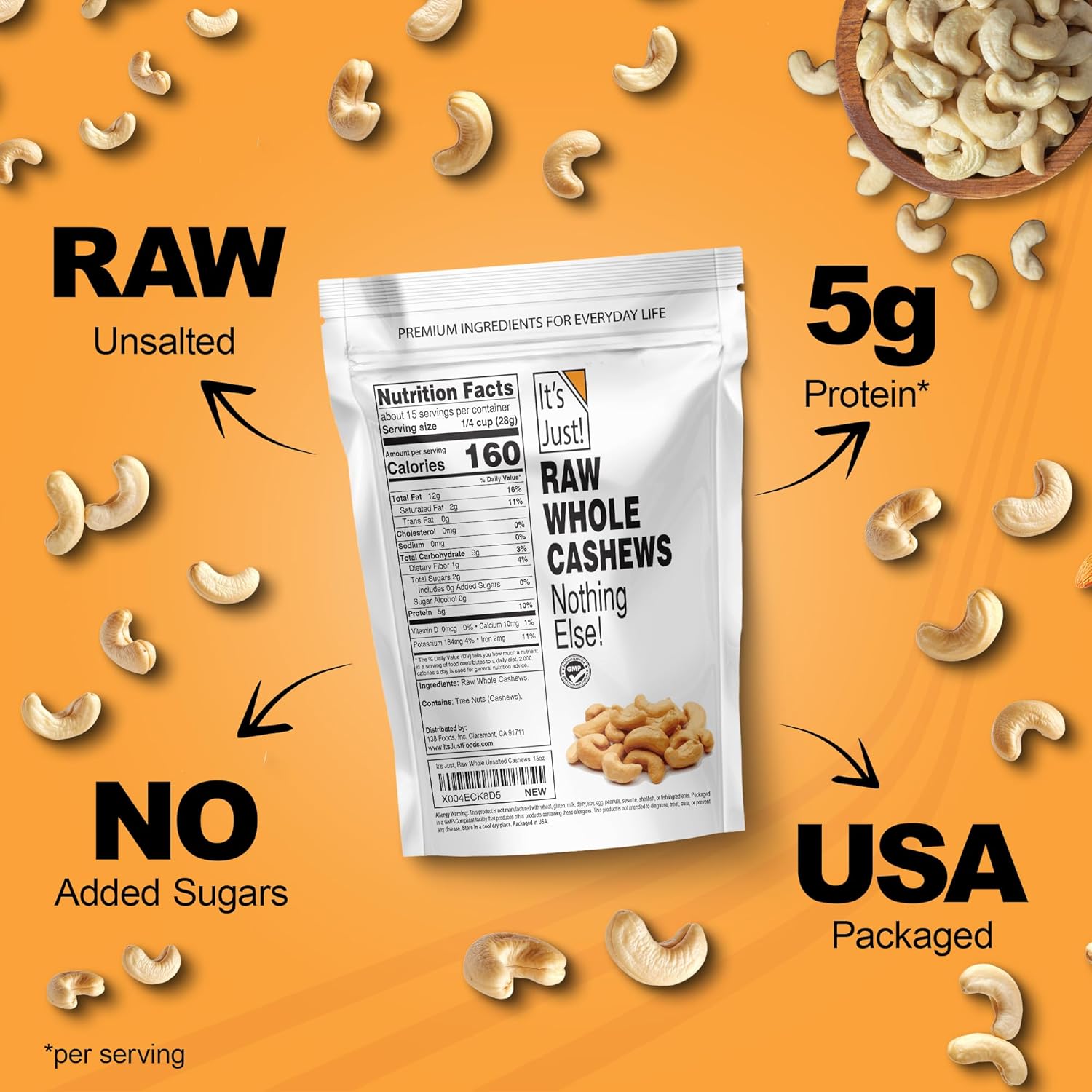 It'S Just - Whole Cashews, Premium Fancy Nuts (Raw (Soft) / Unsalted, 1.5 Pound) : Grocery & Gourmet Food
