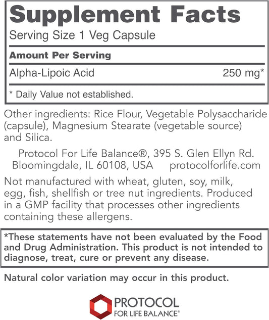 Protocol Alpha-Lipoic Acid 250Mg - Ala - Glutathione Production Supplement - 90 Veg Caps