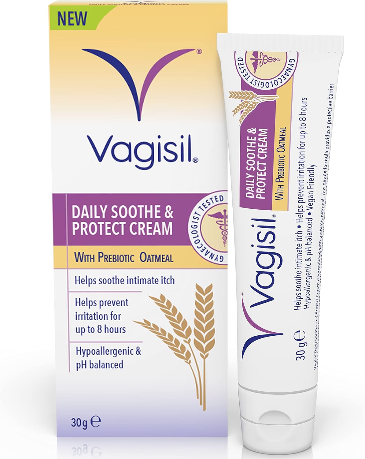 Vagisil Daily Soothe & Protect Cream For Women & Sensitive Skin With Natural Prebiotic Oatmeal, Gentle Formula For Daily Use, Fragrance Free, 30G