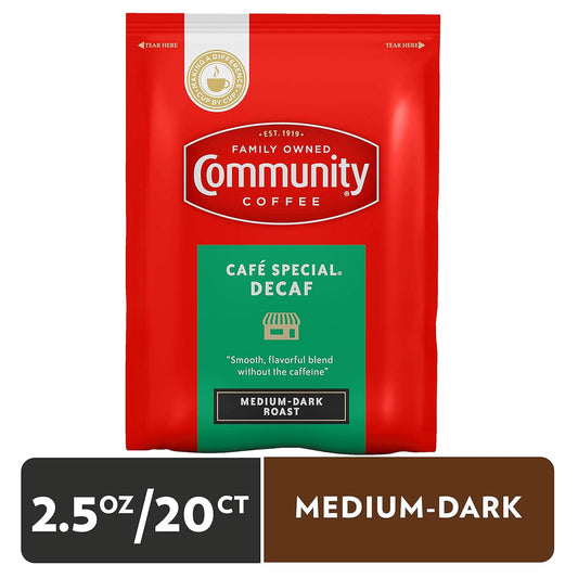 Community Coffee Café Special Decaf, Medium Dark Roast Pre-Measured Coffee Packs, 2.5 Ounce Bag (Pack Of 20)