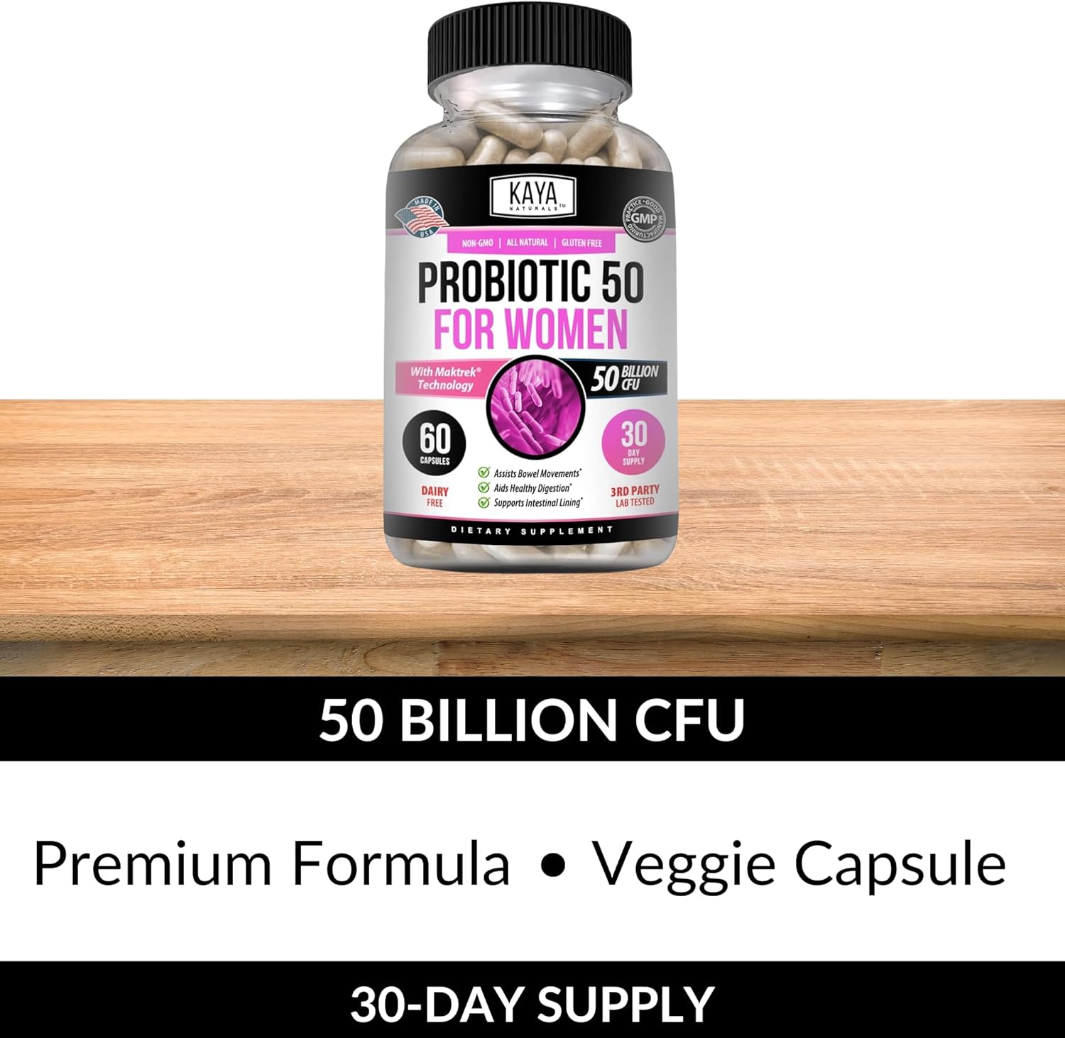 Kaya Naturals Probiotic 50 Billion CFU | Probiotics for Women, Probiotics for Men and Adults, Natural | Gut Health & Immune Support Supplement | Provides Digestive Support - 60 Vegetable Capsules : Health & Household