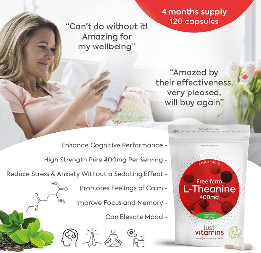 L-Theanine 400mg - x120 High Strength Vegan Capsules (4 Month Supply) GABA Alternative, Brain Power Nootropic L Theanine Supplement - Non GMO, Caffeine Free, Made in UK by Just Vitamins