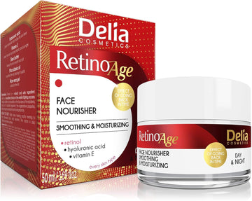 Delia Cosmetics - Retinoage - Face Cream – Retinol, Q10, Shea Butter, Macadamia Oil, Aloe Vera Gel, Vitamin E – Firming, Nourishing, Anti Aging, Day & Night Cream - 50Ml