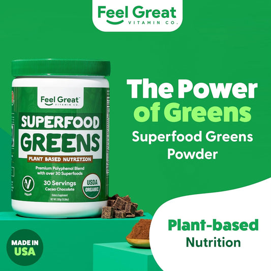 Organic Superfood Greens Powder - Cocoa Chocolate | Super Greens Fruit & Vegetable Supplement | Over 20 Greens, Fruits & Veggies, Fiber, Probiotics & Digestive Enzymes | 30 Servings