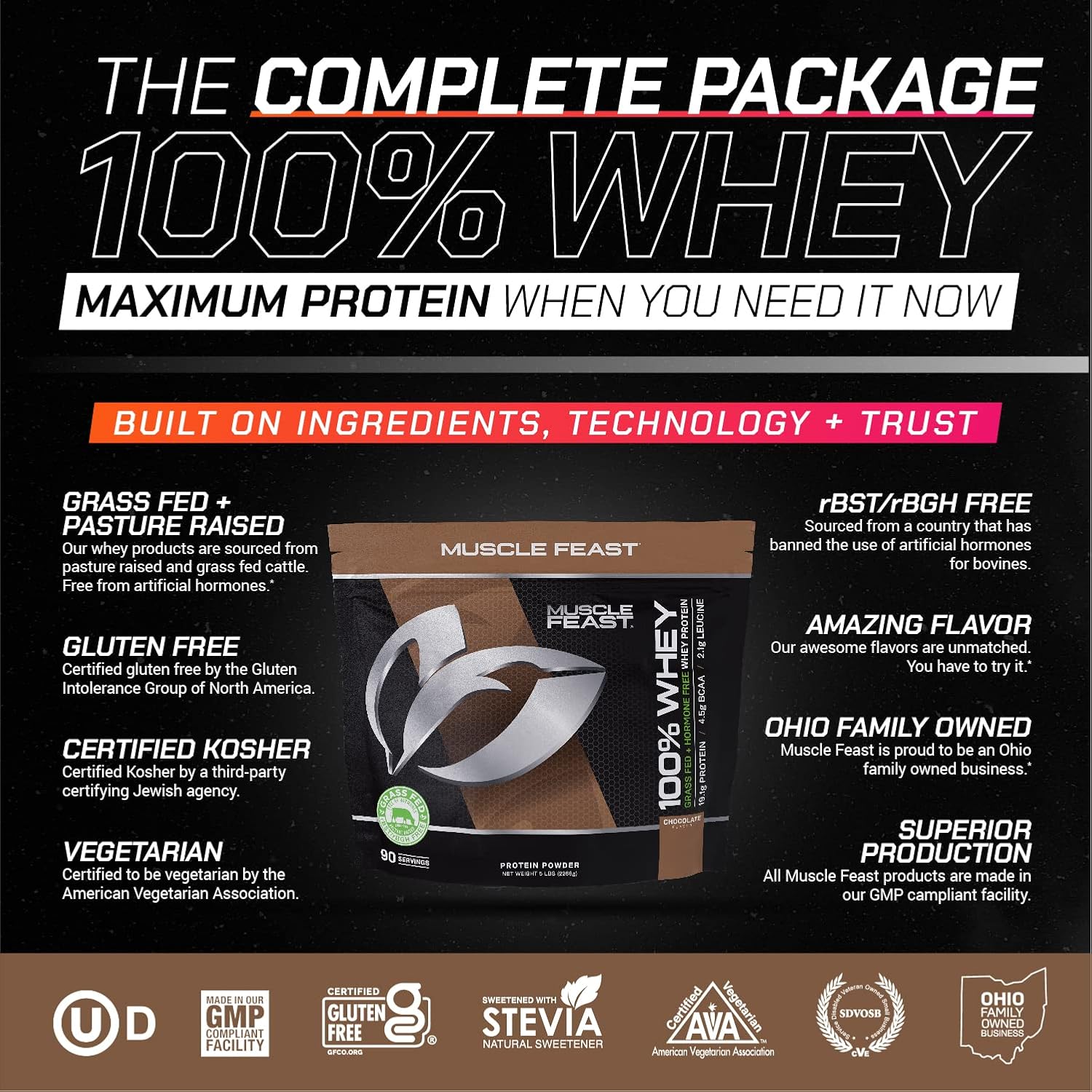 Muscle Feast 100% Grass-Fed Whey Protein, Pastured Raised Hormone Free All Natural, Chocolate, 5lb : Health & Household