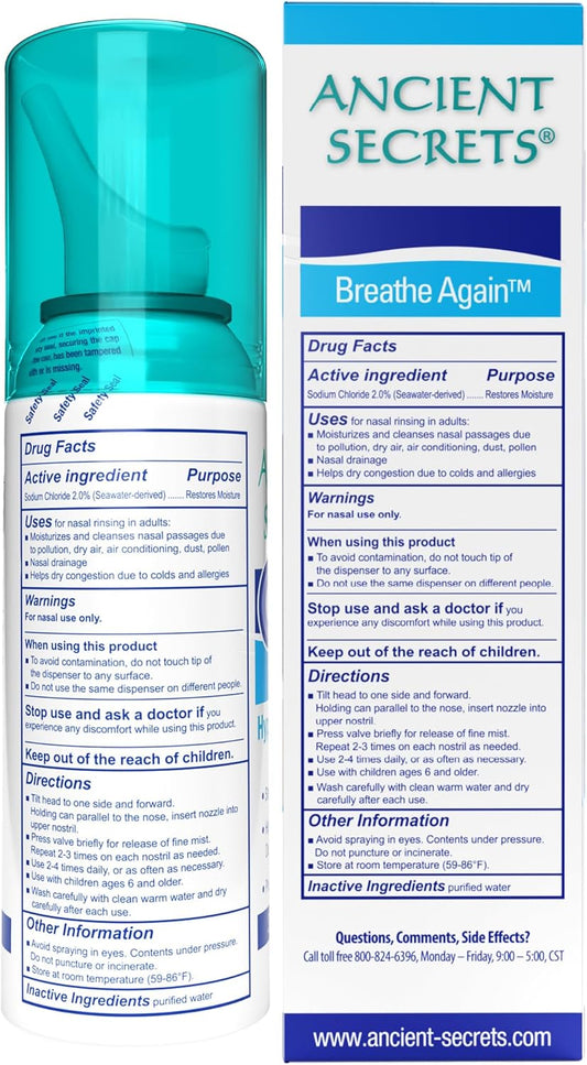 Ancient Secrets Saline Nasal Spray - Breath Again Hypertonic Seawater Nasal Spray, Allergy & Sinus Relief, Nasal Congestion Moisturizer, 3.38 Fl Oz