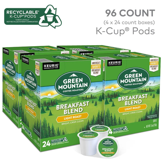 Green Mountain Coffee Roasters Breakfast Blend Single-Serve Keurig K-Cup Pods, Light Roast Coffee, 96 Count (4 Packs of 24)