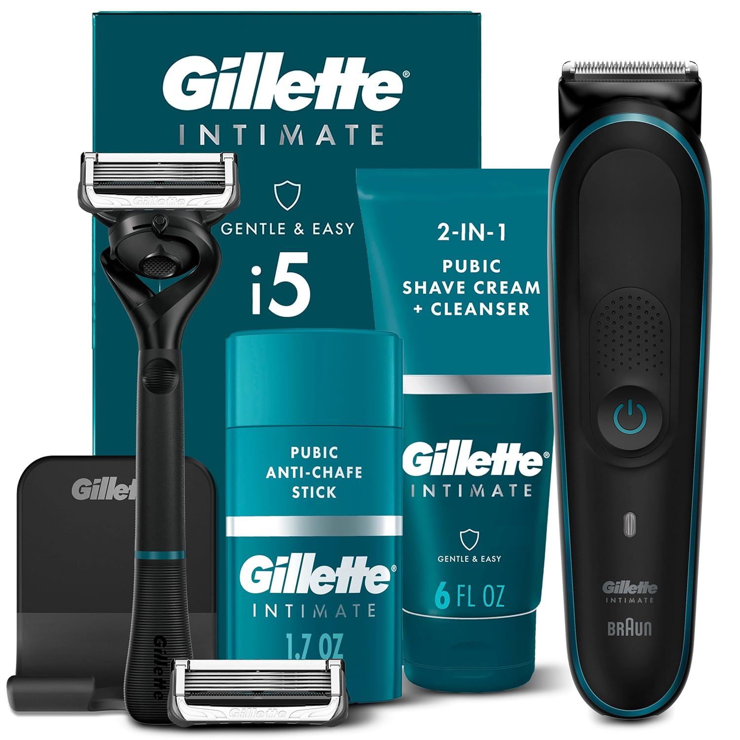 Gillette Intimate Manscape Kit, Men’S Pubic Trimmer, Skinfirst, Waterproof, Cordless, Wet/Dry Use, Men’S Pubic Razor, 1 Razor Handle, 2 Refills, 2In1 Pubic Shave Cream & Cleanser, & Anti-Chafe Stick