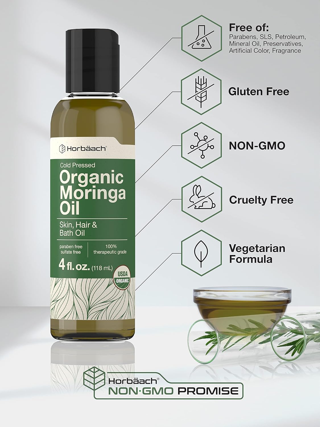 Horbäach Organic Moringa Oil | 4 Fl Oz | For Face, Hair, And Skin | Cold Pressed | 100% Therapeutic Grade | Paraben And Sulfate Free, Non-Gmo : Beauty & Personal Care
