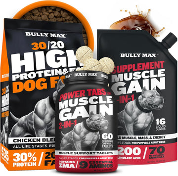 Bully Max High-Performance Dog Nutrition Pack - High Protein Dry Dog Food 15Lbs, 2-In-1 Muscle Builder Chewable Tablets 60 Count & 3-In-1 Liquid Muscle Supplement For All Ages, Small & Large Breed