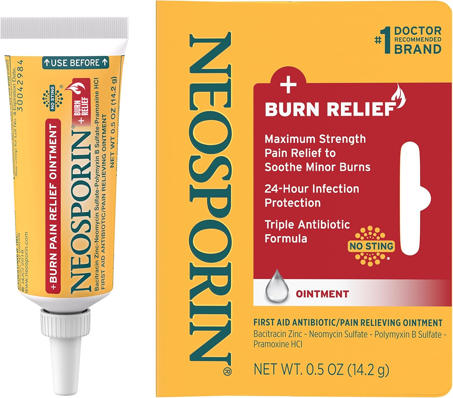 Neosporin Dual Action Burn Relief & First-Aid Antibiotic Ointment For 24-Hour Infection Protection & Maximum Strength Burn Pain Relief, Made With Bacitracin Zinc, Neomycin, & Pramoxine Hcl,.5 Oz