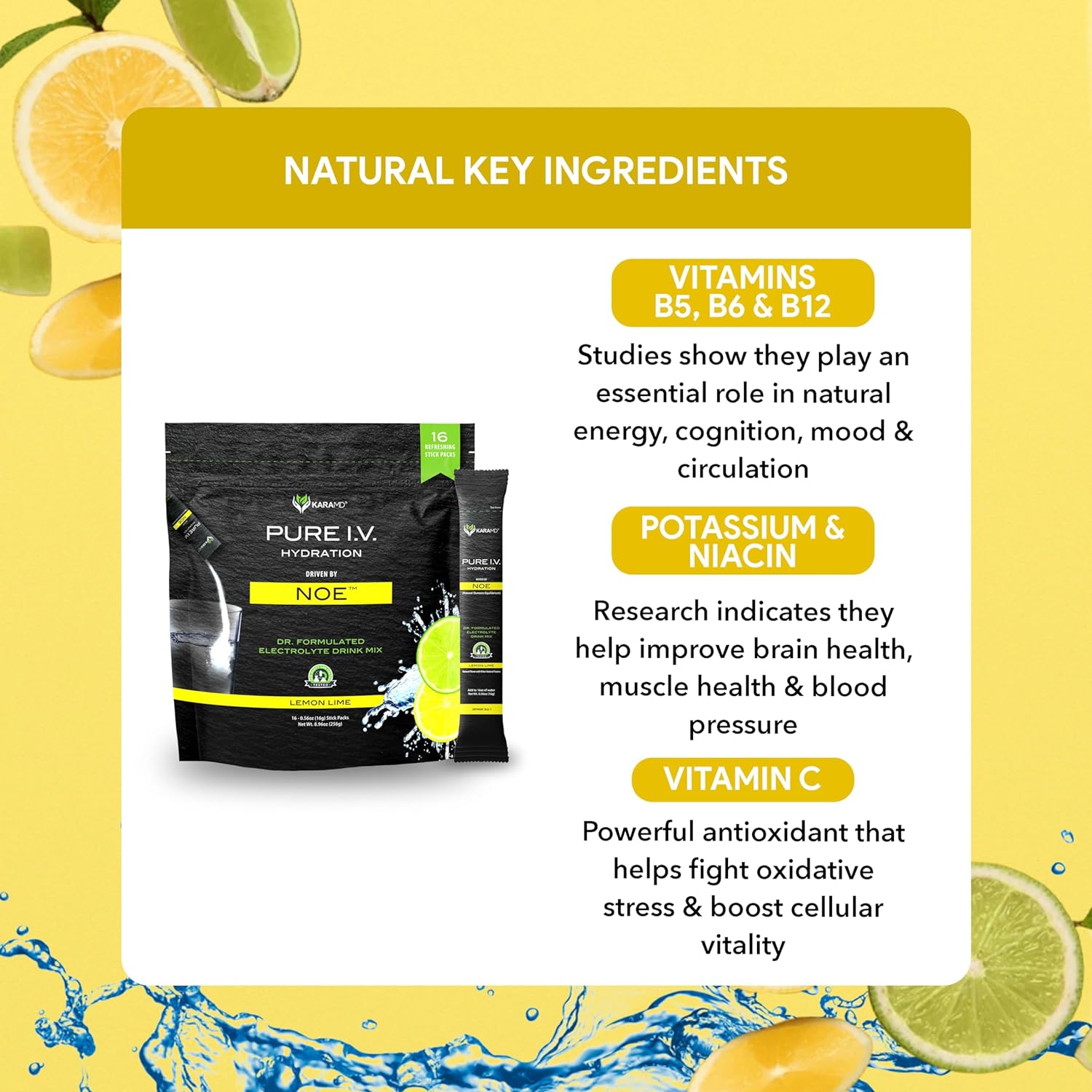 KaraMD Pure I.V. - Professionally Formulated Electrolyte Lemon Lime Powder Drink Mix – Refreshing & Delicious Hydrating Packets with Vitamins & Minerals – Lemon Lime - 1 Bag (16 Sticks) : Everything Else
