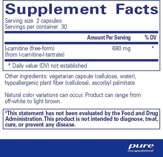 Pure Encapsulations L-Carnitine | Hypoallergenic Supplement For Cardiovascular And Endurance Support | 60 Capsules