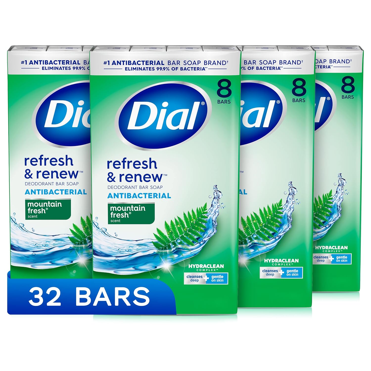 Dial Antibacterial Bar Soap, Refresh & Renew, Mountain Fresh, 4 Oz, 32 Bars