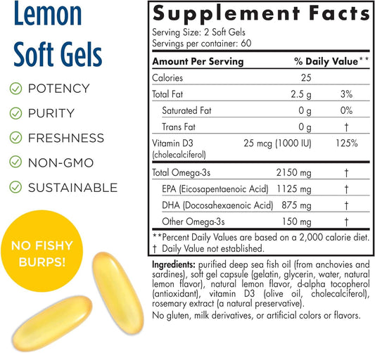 Nordic Naturals ProOmega 2000-D, Lemon Flavor - 2150 mg Omega-3 + 1000 IU D3-120 Soft Gels - Ultra High-Potency Fish Oil - EPA & DHA - Brain, Heart, Joint, & Immune Health - Non-GMO - 60 Servings