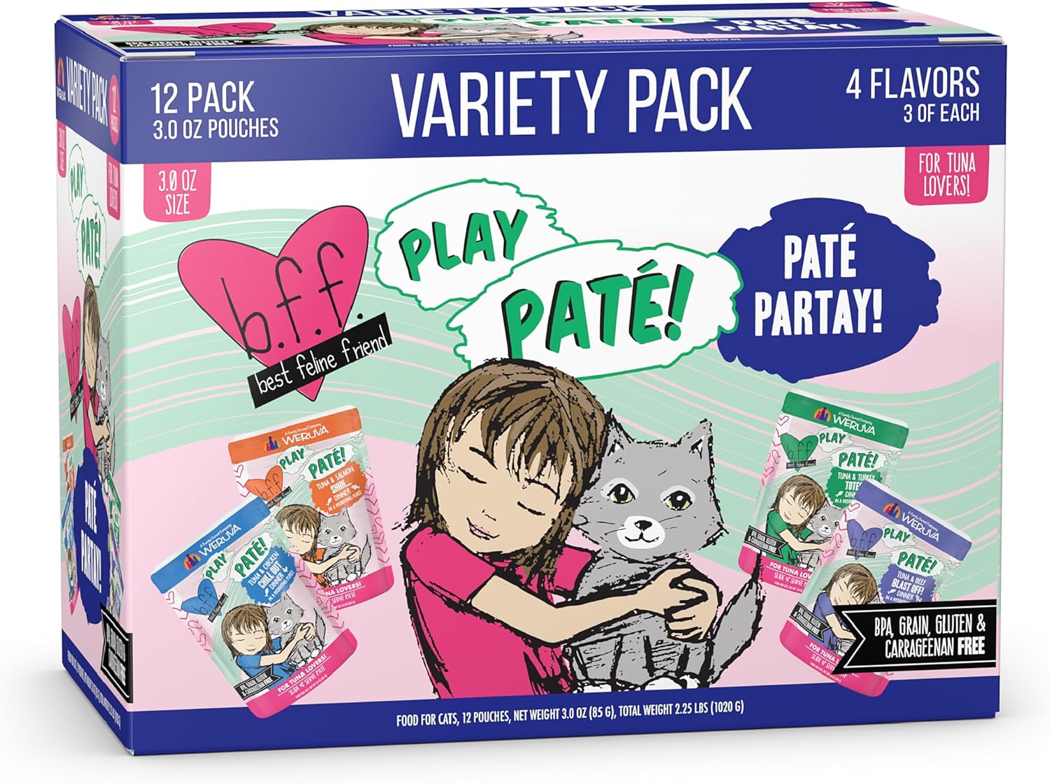 Weruva B.F.F. Play - Best Feline Friend Paté Lovers, Aw Yeah!, Paté Partay! Variety Pack, 3Oz Pouch (Pack Of 12)