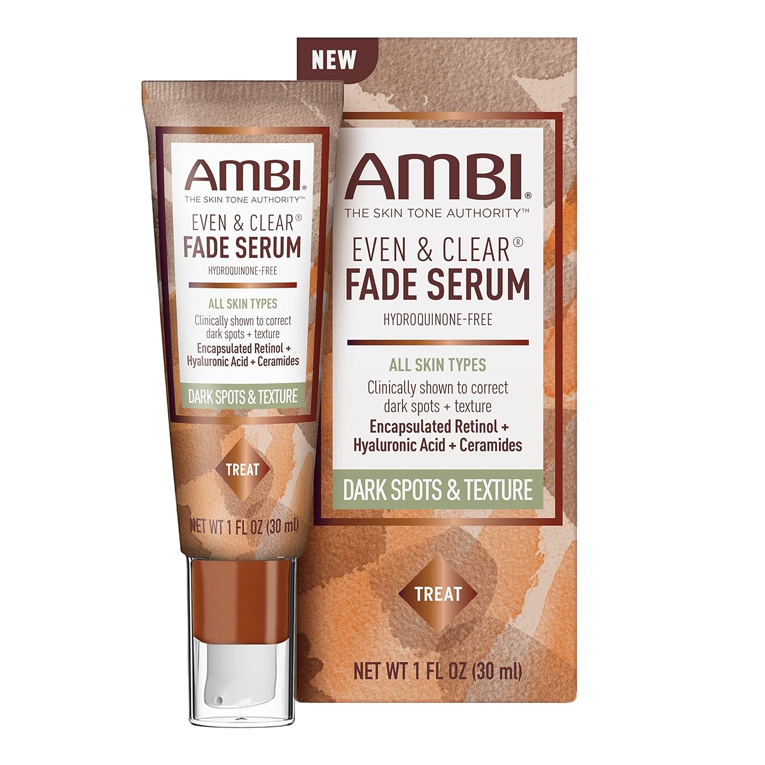 Ambi Even & Clear Fade Serum, Hyperpigmentation Treatment, Hydroquinone-Free, Dark Spot Corrector, Results In As Little As 4 Weeks, Retinol, Hyaluronic Acid, Niacinamide, Ceramides, 1 Fl Oz