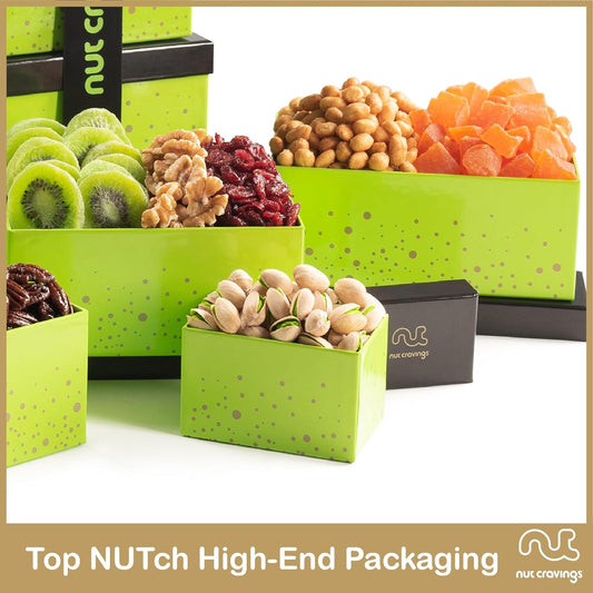 Nut Cravings Gourmet Collection - Mothers Day Dried Fruit & Mixed Nuts Gift Basket Green Tower + Ribbon (12 Assortments) Arrangement Platter, Birthday Care Package - Healthy Kosher