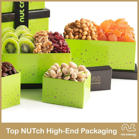 Nut Cravings Gourmet Collection - Rosh Hashana & Shana Tova Dried Fruit & Mixed Nuts Gift Basket Green Tower + Ribbon (12 Assortments) Arrangement Platter Bday Care Package Healthy Kosher