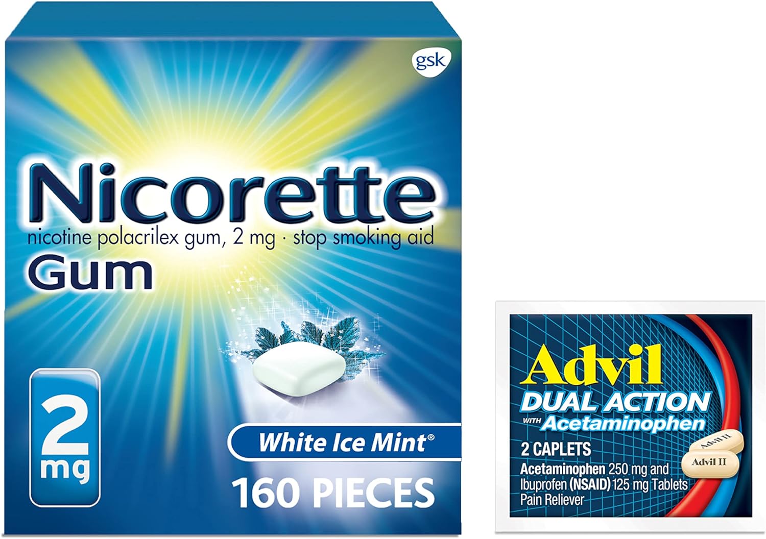 Nicorette 2 Mg Nicotine Gum To Help Quit Smoking - White Ice Mint Flavored Stop Smoking Aid, 1-Pack, 160 Count, Plus Advil Dual Action Coated Caplets With Acetaminophen, 2 Count