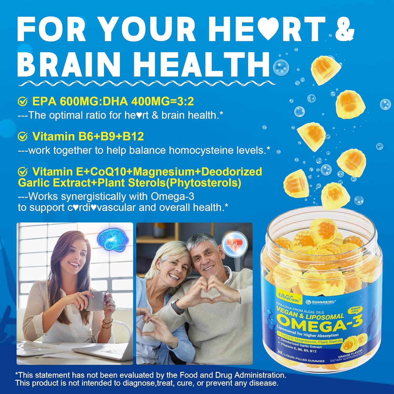 Vegan Omega-3 Gummies 1000Mg +Coq10+Magnesium- Epa 600Mg & Dha 400Mg, Fish Oil Omega 3 Supplements Alternative For Women Men Adults- Liposomal Form -Algae- Plant Sterols, Garlic,B6,B9, B12, Sugar Free : Health & Household