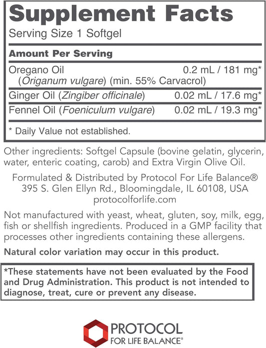 PROTOCOL FOR LIFE BALANCE - Oregano Oil - with Ginger and Fennel Oil, Helps Provide Intestinal Support, Immune System Function - 90 Softgels