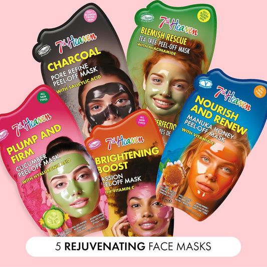 7Th Heaven Face Mask Multipack – Pack Of 5 Peel-Off Masks With Salicylic Acid, Vitamin C, Hyaluronic Acid, Tea Tree & Vitamin E– Cleansing, Brightening & Hydrating Skincare – Cruelty-Free Skincare