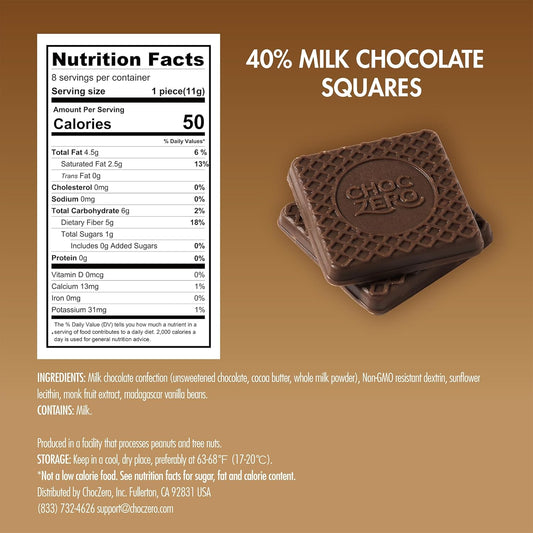 Choczero Milk Chocolate Squares, No Added Sugar, Creamy Low Carb Candy, No Sugar Alcohols, No Artificial Sweeteners, 3.2 Ounce (Pack Of 4)